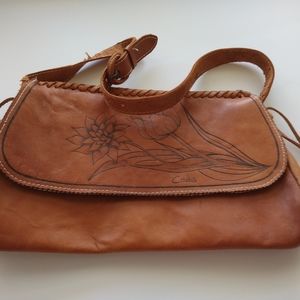 Brown Genuine Leather w/ Flowers from Cuba Purse Vintage with Over The Shoulder
